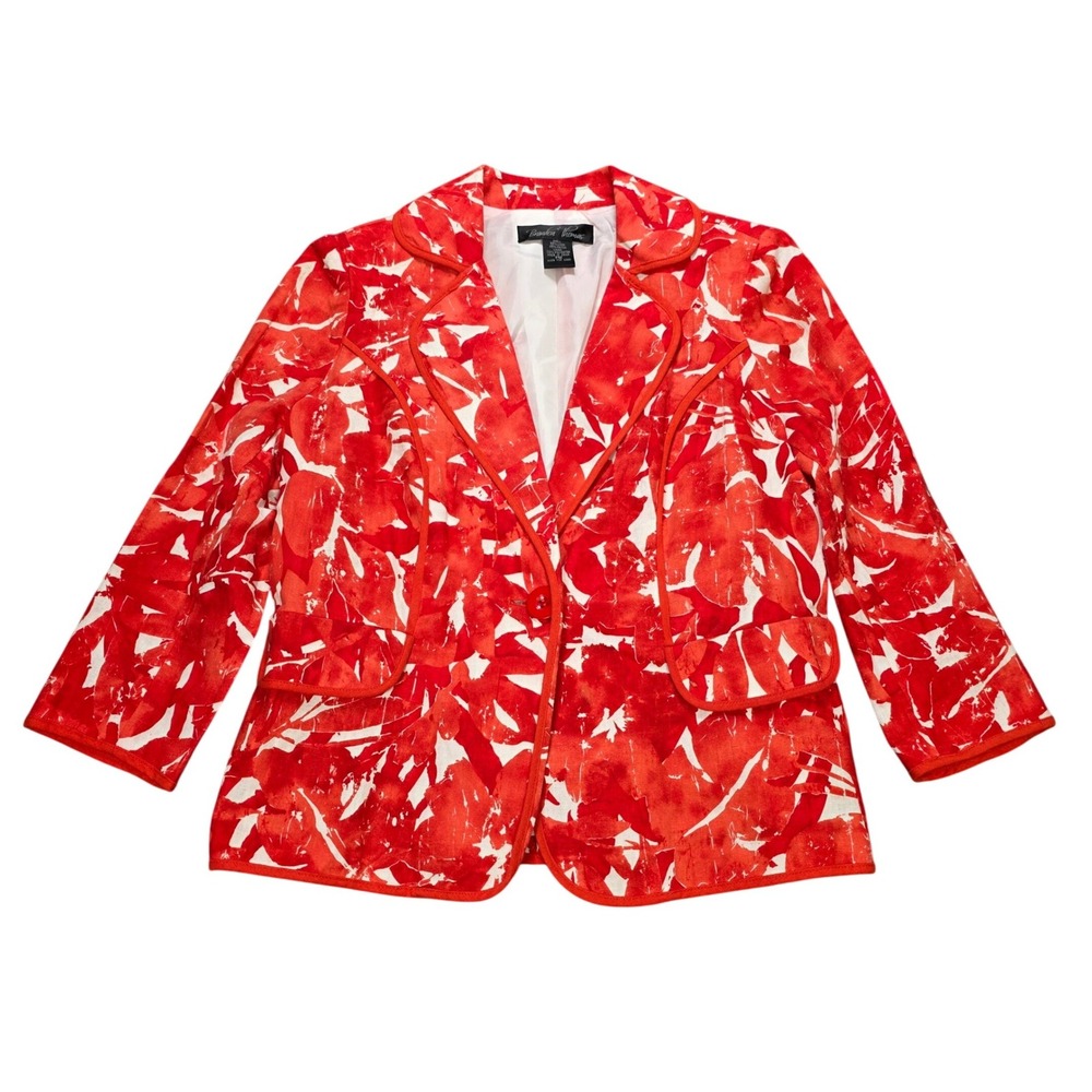 Brandon Thomas Floral Linen Blend Blazer Women's Size Mp Red White Long Sleeve